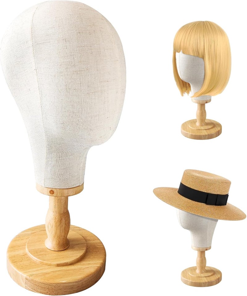 CHADWICK Wig Head Stand Mannequin Head Hat Display Stand Linen Wig Holder, Hat Rack Fabric Head, Canvas Dome + Detachable Wood Stand, Wig Display Model Head Wig Stand for Wigs, Hats, Caps, Headdress - Image 1
